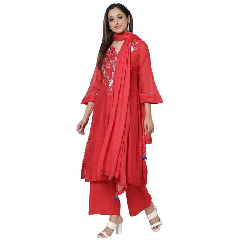 BIBA PolyWomen Cotton Yarndyed Straight Salwar Kurta Dupatta(Skd6848_Red_38) - Image 4