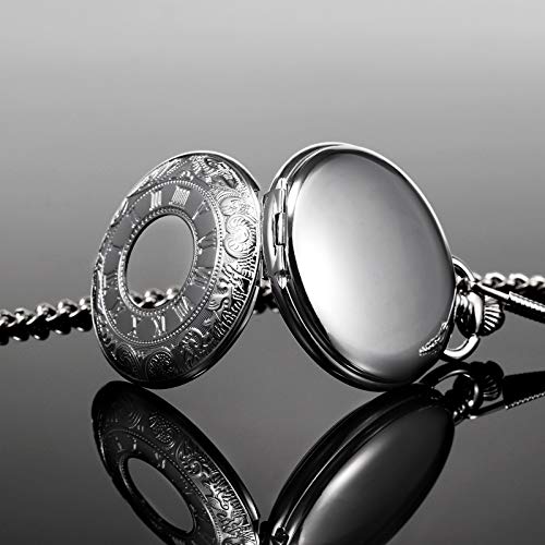 TREEWETO Men's Mechanical Skeleton Pocket Watch for Mens Women Roman Numerals Dial Silver Tone Double Case Pocket Watches - Image 3