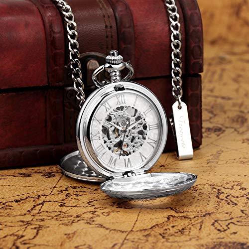 TREEWETO Men's Mechanical Skeleton Pocket Watch for Mens Women Roman Numerals Dial Silver Tone Double Case Pocket Watches - Image 4