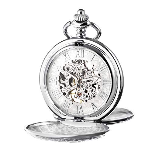 TREEWETO Men's Mechanical Skeleton Pocket Watch for Mens Women Roman Numerals Dial Silver Tone Double Case Pocket Watches - Image 1