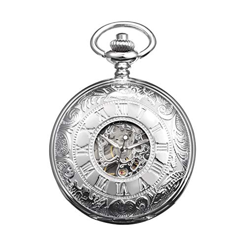 TREEWETO Men's Mechanical Skeleton Pocket Watch for Mens Women Roman Numerals Dial Silver Tone Double Case Pocket Watches - Image 2