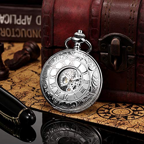 TREEWETO Men's Mechanical Skeleton Pocket Watch for Mens Women Roman Numerals Dial Silver Tone Double Case Pocket Watches - Image 5