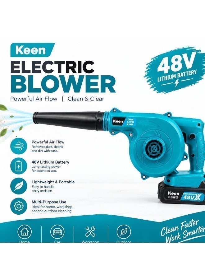 Keen 48V Cordless Electric Air Blower with 2 Battery Packs, Air Nozzle, Dust Collection Bag and Adapter, Portable Handheld Blower for Home, Car, Workshop, Furniture, Carpet and Outdoor Cleaning - Image 3
