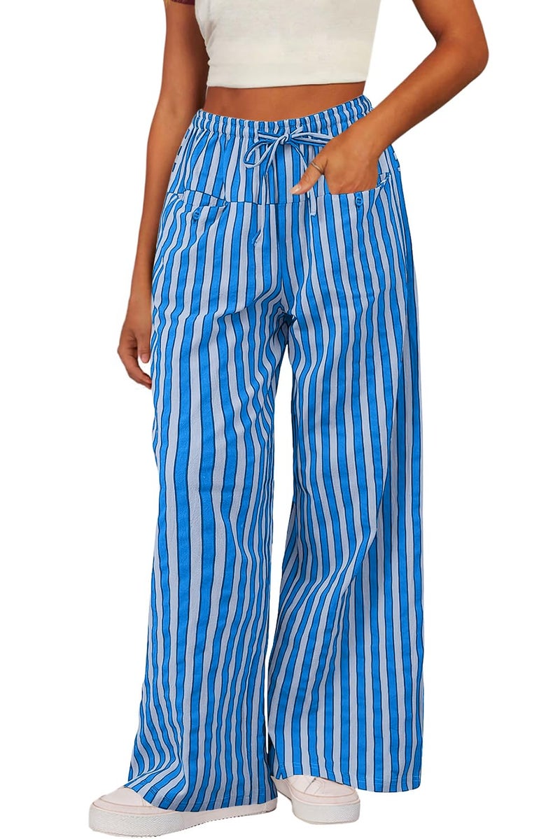 Acelitt Womens Casual Striped Color Block Pants Drawstring Elastic Waist 2026 Fall Fashion Comfy Loose Wide Leg Pants Trousers with Pockets Blue Medium - Image 2