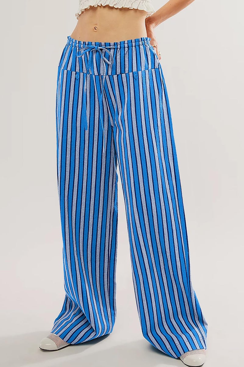 Acelitt Womens Casual Striped Color Block Pants Drawstring Elastic Waist 2026 Fall Fashion Comfy Loose Wide Leg Pants Trousers with Pockets Blue Medium - Image 3