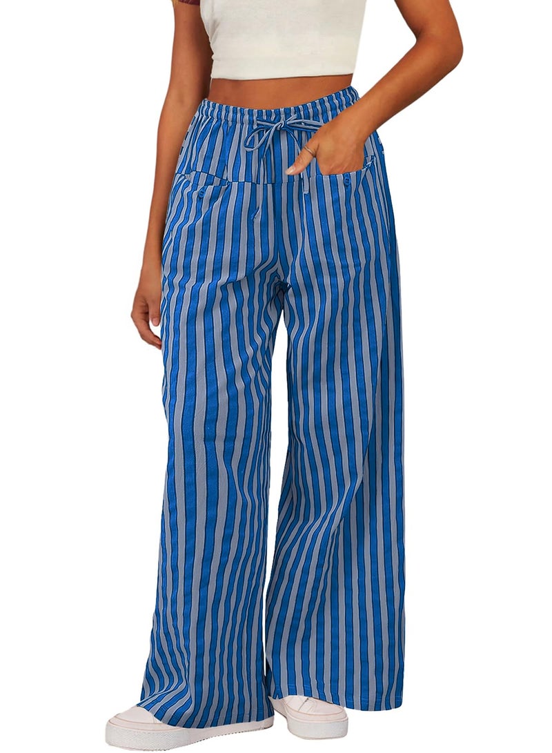 Acelitt Womens Casual Striped Color Block Pants Drawstring Elastic Waist 2026 Fall Fashion Comfy Loose Wide Leg Pants Trousers with Pockets Blue Medium - Image 1