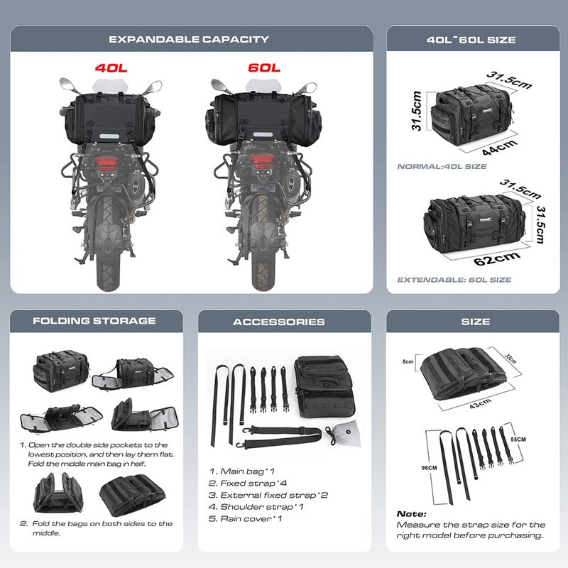 Rhinowalk Rhinowalk Motorcycle Travel Luggage, Expandable motorcycle tail bag 60L,Waterproof All Weather/Trunk/Rack Bag with Sissy Bar Straps-Black  - Image 2