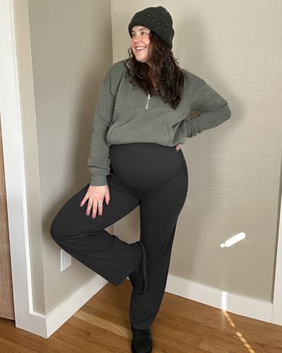 G4Free Maternity Pants for Work Stretch Pregnancy Work Pants Wide Leg Dress Trousers with Pockets Winter Outfits (Black,L,32") - Image 4