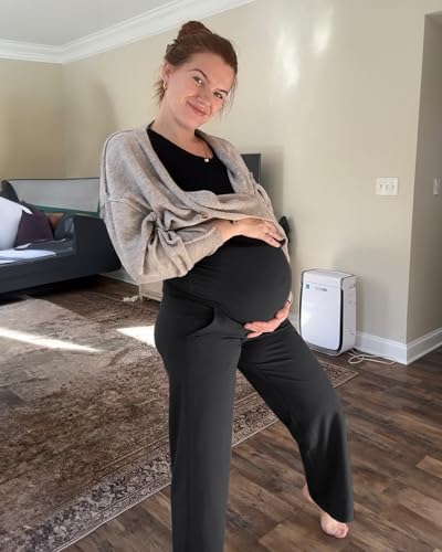 G4Free Maternity Pants for Work Stretch Pregnancy Work Pants Wide Leg Dress Trousers with Pockets Winter Outfits (Black,L,32") - Image 3
