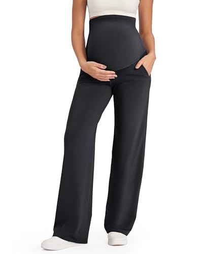 G4Free Maternity Pants for Work Stretch Pregnancy Work Pants Wide Leg Dress Trousers with Pockets Winter Outfits (Black,L,32") - Image 1