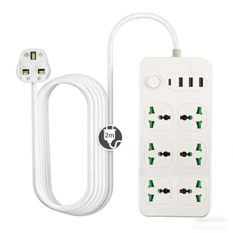 مشترك كهرباء للمنزل والمكتب مع 6 منافذ، 1 منفذ USB-C، 3 منافذ USB، سلك 2 متر، حماية من زيادة التيار، بلاستيك ABS أبيض، شحن سريع 17 وات - Image 1