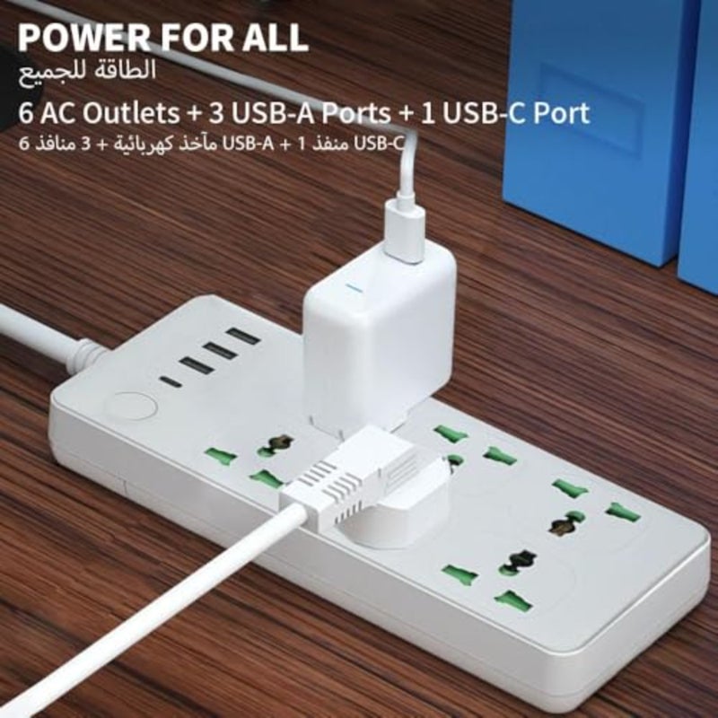 مشترك كهرباء للمنزل والمكتب مع 6 منافذ، 1 منفذ USB-C، 3 منافذ USB، سلك 2 متر، حماية من زيادة التيار، بلاستيك ABS أبيض، شحن سريع 17 وات - Image 4