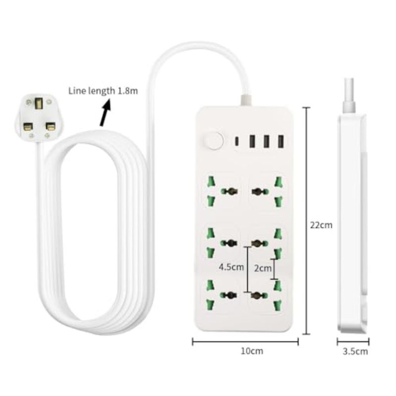 مشترك كهرباء للمنزل والمكتب مع 6 منافذ، 1 منفذ USB-C، 3 منافذ USB، سلك 2 متر، حماية من زيادة التيار، بلاستيك ABS أبيض، شحن سريع 17 وات - Image 2