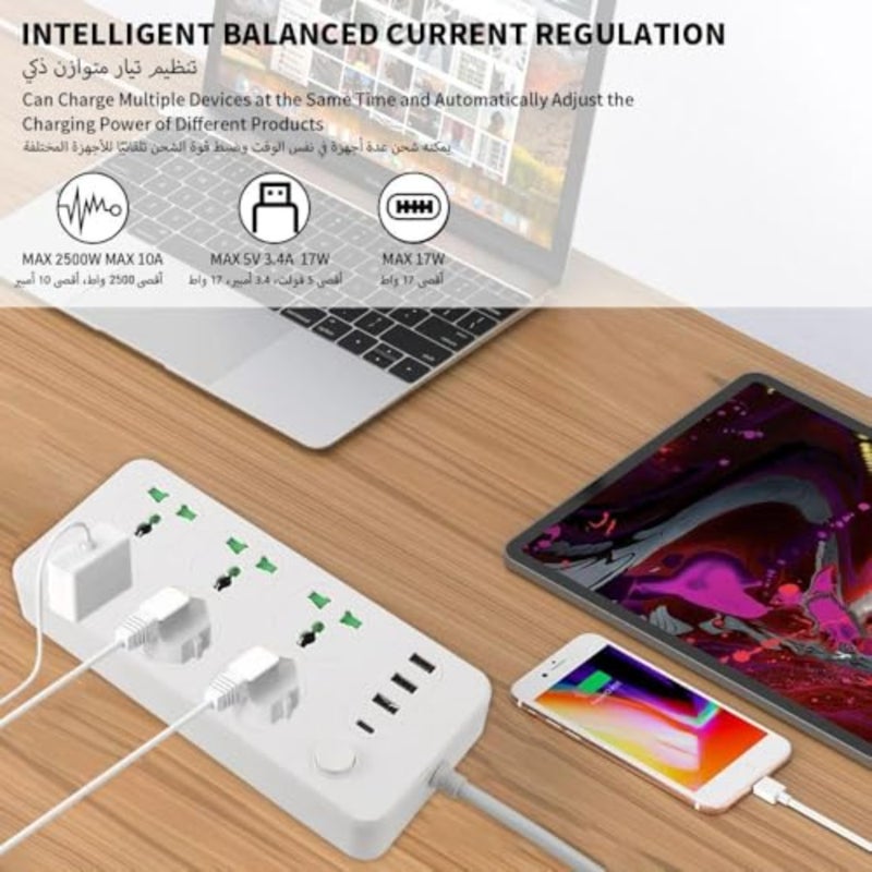 مشترك كهرباء للمنزل والمكتب مع 6 منافذ، 1 منفذ USB-C، 3 منافذ USB، سلك 2 متر، حماية من زيادة التيار، بلاستيك ABS أبيض، شحن سريع 17 وات - Image 3