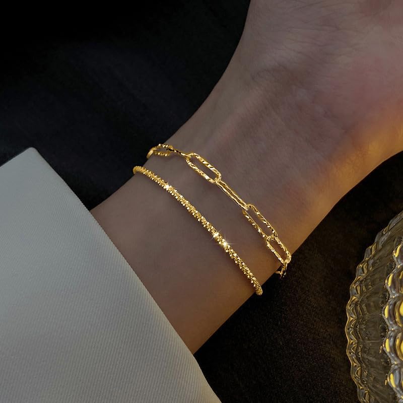 Nan 2PCS 925 Sterling Silver Bracelet Set - Paper Clip Chain & Multi-Layer Design for Women - Image 1