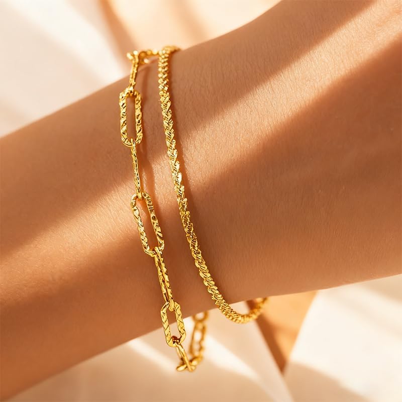 Nan 2PCS 925 Sterling Silver Bracelet Set - Paper Clip Chain & Multi-Layer Design for Women - Image 2