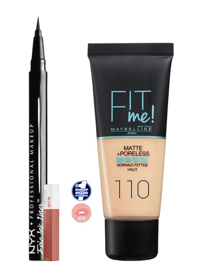 Maybelline New York Superstay Matte Ink Liquid Lipstick - 65 Seductress 65 Seductress & Maybelline New York Fit Me Matte + Poreless – 110 Porcelain & Epic Ink Liner, Waterproof Liquid Eyeliner, Vegan Formula Black Bundle - Image 1