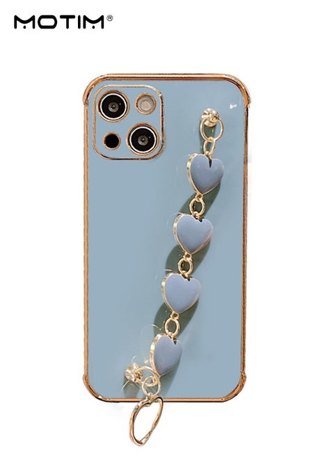 Heart Chain Case for iPhone 14/14 Plus, Love Heart Full-Body Protection Soft TPU Phone Cover with Strap Wrist, Slim Shockproof Anti-Scratch Phone Case for Women