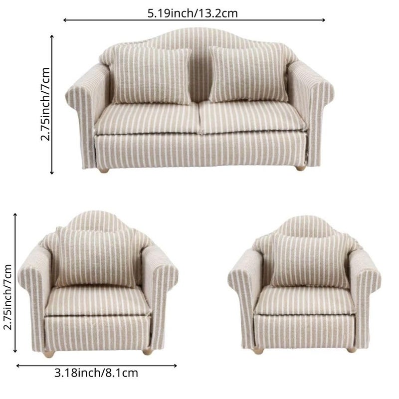 KH866 3PCS Dollhouse Couch 112 Scale Miniature Double Single Sofa with Pillow Upholstered Armchair Set Doll House Living Room Mini Furniture Accessories Timeless Classic for Bedroom Sectional Dcor - Image 5