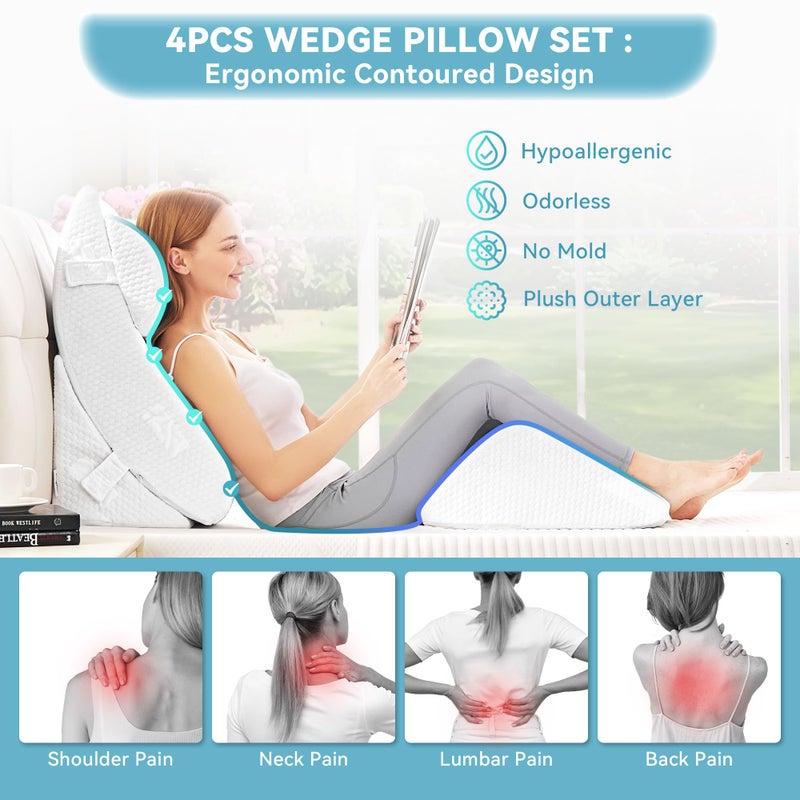 Kingfun 4PCS Orthopedic Bed Wedge Pillow Set for Sleeping, Post Surgery Memory Foam Support Pillows for Back, Neck and Leg Pain Relief, Adjustable Triangle Pillow - Acid Reflux, Anti Snoring & GERD - Image 4