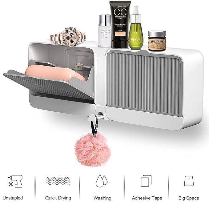 VLSYS Wall Mounted No-Drilling Double Bar Soap Box with Drainage and Cover, Beautiful and Practical Design to Extend Soap Life, Premium Plastic Soap Holder for Bathroom Or Kitchen Use - Image 3