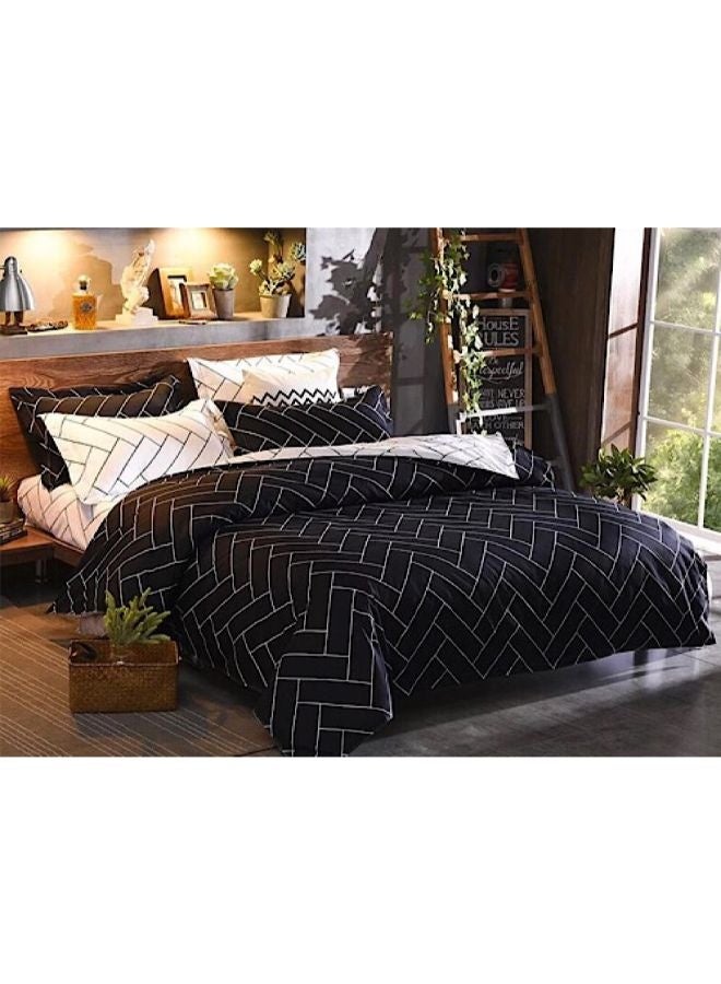 طقم بياضات سرير هندسي مطبوع باللونين الأسود والأبيض مكون من 6 قطع، قطن ناعم وقابل للتنفس، ميكروفايبر بجودة عالية، غطاء لحاف، أغطية وسائد مضادة للحساسية، يتضمن الطقم 1 غطاء لحاف، 1 ملاءة سرير مشدودة، 4 أغطية وسائد - Image 2