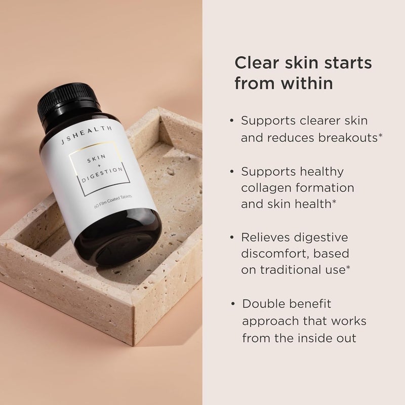JSHealth فيتامينات JSHealth لصحة البشرة والهضم  مكمل بشرة مع الزنك  الهندباء  الكركم  بشرة صحية واضحة  علاج حب الشباب للمراهقين والبالغين  60 قرص - Image 2