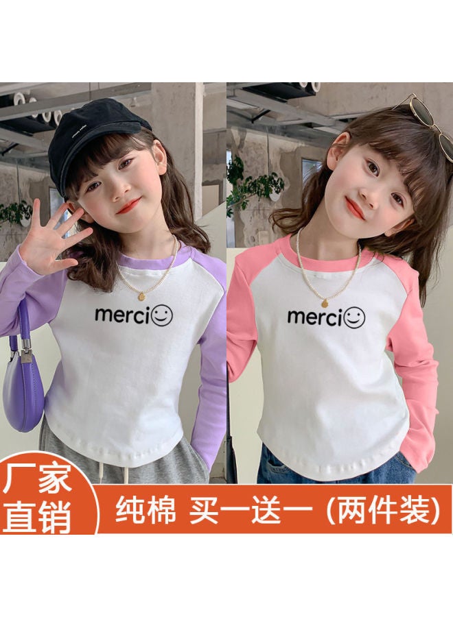 Girls' Pure Cotton Arc Color-blocking Base Shirt Spring/autumn New Children's Long Sleeve T-shirt Thin Version Medium/large Kids Clothing