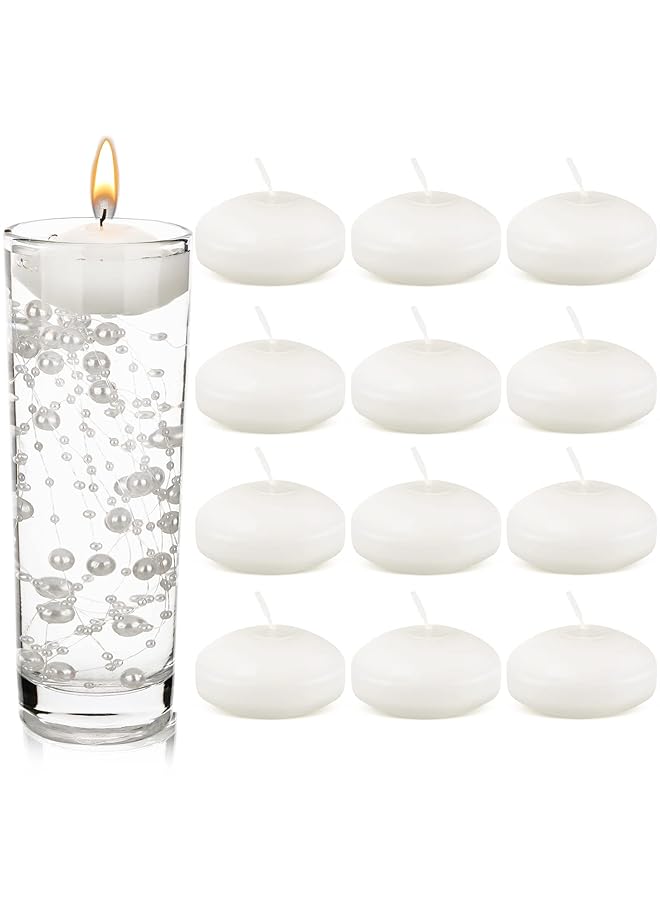 erorex 12 Pieces 1.65 Inch Floating Candles For Wedding Centerpiece Small Unscented Floating Candles Round Tea Lights Candles Metallic Smooth Wax Floating Disc Candles For Dinner Home Decor White - Image 1