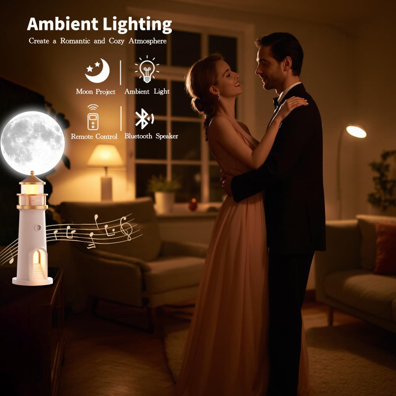 AVEKI Lighthouse Night Light, Cute Moon Projection Lighthouse Lamp with Bluetooth Speaker, 3 Levels Dimmable Wireless Table Lamp for Room Decor, Rechargeable Led Night Light Unique Gift for Kids (Bluetooth) - Image 5