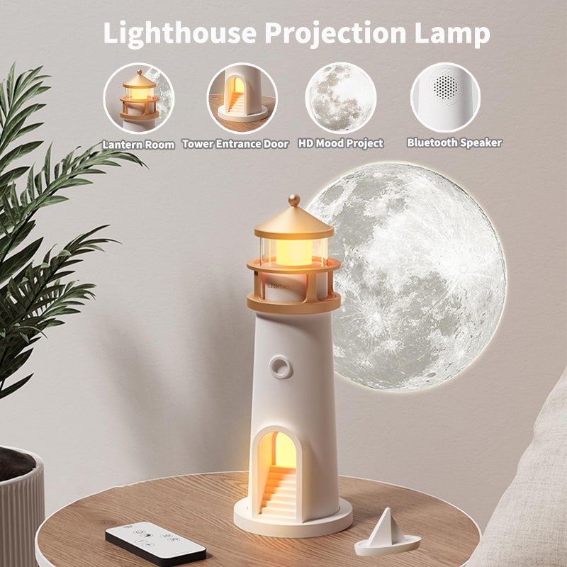 AVEKI Lighthouse Night Light, Cute Moon Projection Lighthouse Lamp with Bluetooth Speaker, 3 Levels Dimmable Wireless Table Lamp for Room Decor, Rechargeable Led Night Light Unique Gift for Kids (Bluetooth) - Image 3