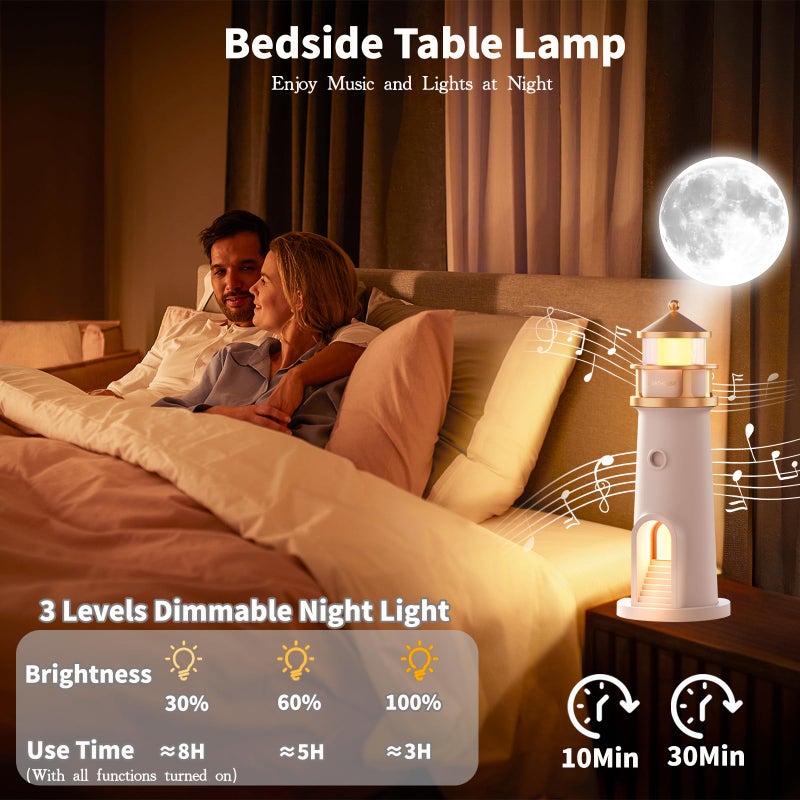 AVEKI Lighthouse Night Light, Cute Moon Projection Lighthouse Lamp with Bluetooth Speaker, 3 Levels Dimmable Wireless Table Lamp for Room Decor, Rechargeable Led Night Light Unique Gift for Kids (Bluetooth) - Image 4