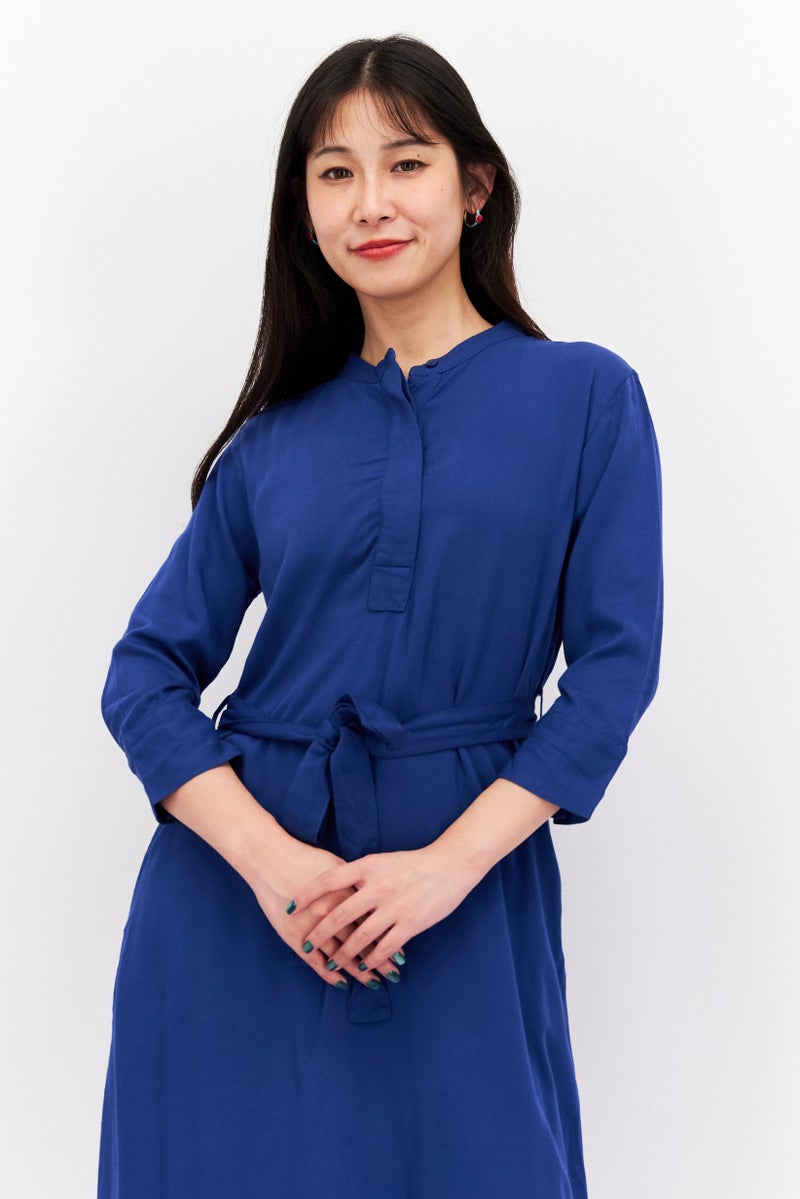 Red Tape Women Solid Midi Dress With Tie Belt, Navy Blue - Image 2