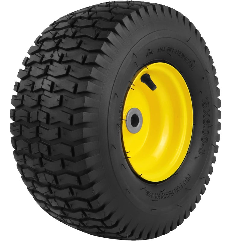 Aremae 1PCS 15x6.00-6 Lawn Mower Tires, 4 Ply Tubeless 15x6-6 Front Tire Assembly Replacement for Craftsman/John Deere/Cub Cadet Riding Mowers,570lbs Capacity,3" Offset Hub,3/4" Bushing - Image 1