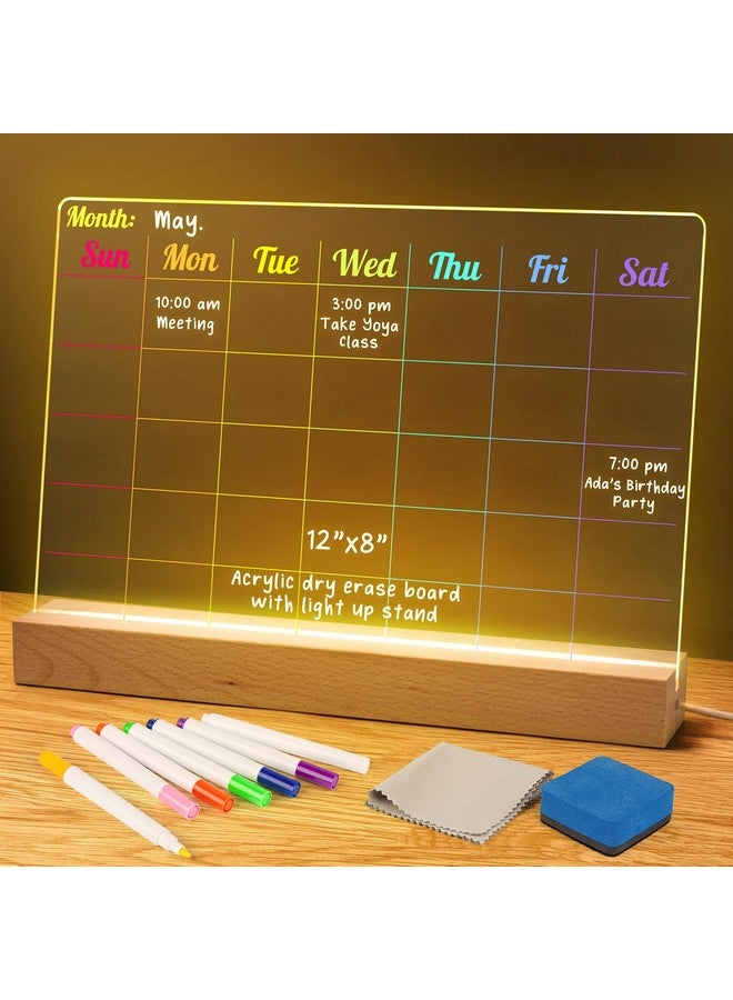 D-FantiX Acrylic Dry Erase Board with Light Up Stand 12 x 8 Inch, Clear Desktop Calendar Whiteboard for Desk, Glowing Message Board Memo Tablet for Office Home Bedroom, 7 Colored Markers, 1 Eraser - Image 1
