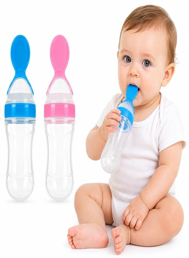 Babies Bloom Baby Silicone Squeeze Feeder with Food Dispensing Spoon Cereal Feeding Bottle for Infant 90ml (Pink, Blue (Set of 2) - Image 1