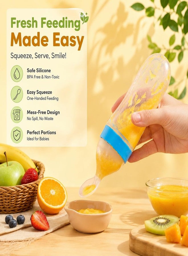 Babies Bloom Baby Silicone Squeeze Feeder with Food Dispensing Spoon Cereal Feeding Bottle for Infant 90ml (Pink, Blue (Set of 2) - Image 3