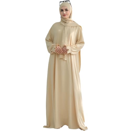 khalat Women Muslim Dress Middle East Arabian Robe Islamic Modest Dress with Hijab Scarf Lace Sleeve Flowy Abaya Dress Beige - Image 2