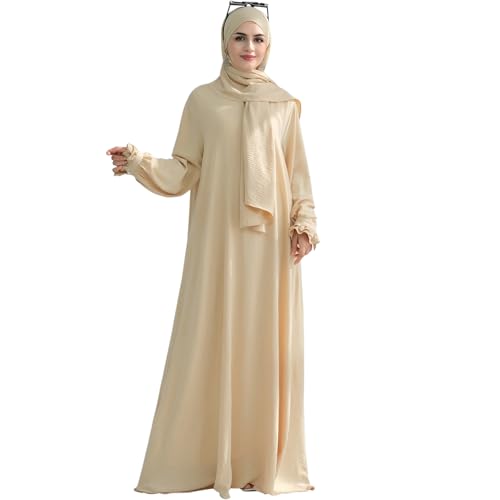 khalat Women Muslim Dress Middle East Arabian Robe Islamic Modest Dress with Hijab Scarf Lace Sleeve Flowy Abaya Dress Beige - Image 5