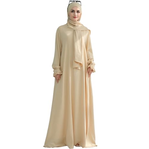 khalat Women Muslim Dress Middle East Arabian Robe Islamic Modest Dress with Hijab Scarf Lace Sleeve Flowy Abaya Dress Beige - Image 1