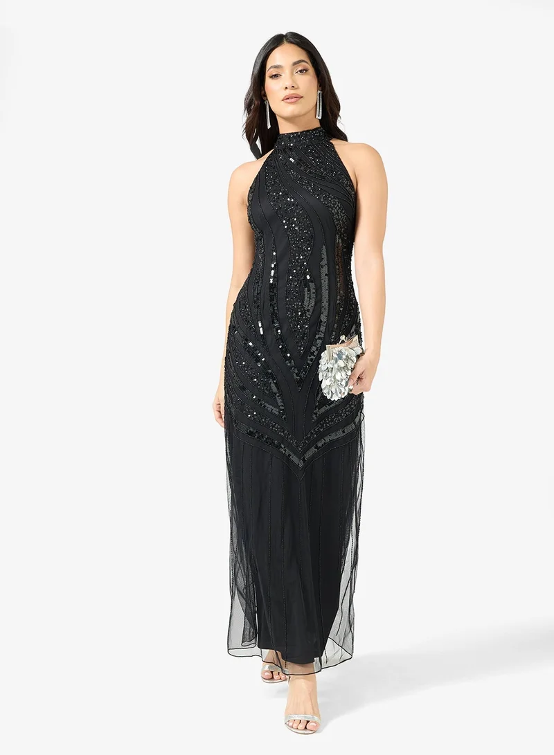 Amelia Rose Sequin High Neck Sleeveless Maxi Dress