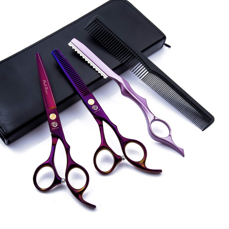 Purple Dragon 6.0 inch Purple Hair Cutting Scissors Set with Razor, Leather Scissors Case, Barber Hair Cutting Shears Hair Thinning/Texturizing Shears for Professional Hairdresser or Home Use - Image 1