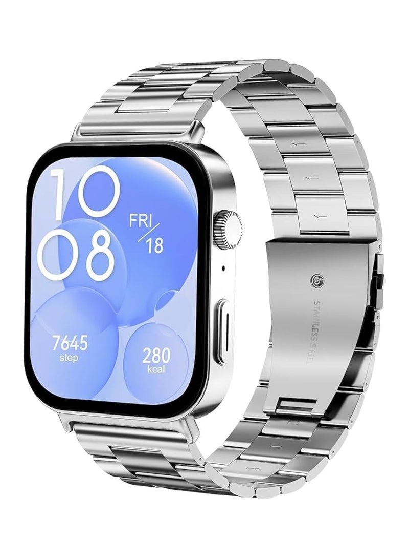 Compatible with Huawei Watch Fit 3/ Fit 4 / Fit 4 Pro Strap, Adjustable Stainless Steel Metal Watch Band Classic Business Style Strap Replacement Band Women Men (Silver) - Image 1