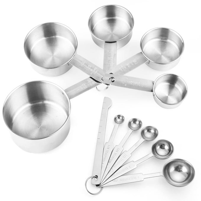 11 PCS STAINLESS STEEL MEASURING CUPS SPOONS SET 5 NESTING CUPS AND 5 STACKABLE SPOONS WITH 1 LEVELER MEASURING TOOLS SET FOR DRY LIQUID INGREDIENTS COOKING BAKING