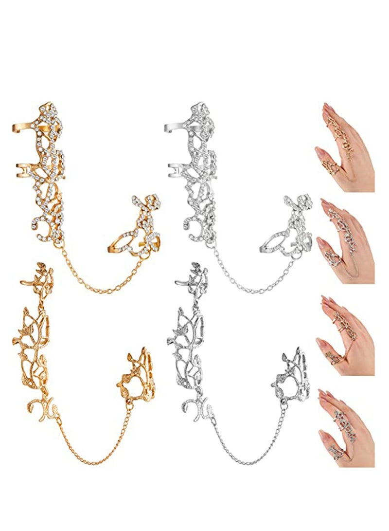 SYOSI طقم خواتم أصابع، 4 قطع خواتم أصابع كاملة على شكل ورقة، سلسلة يد من الذهب والفضة، خواتم أصابع بتصميم ورقة مع سلسلة، خواتم قابلة للتعديل للمجوهرات للفتيات المراهقات والنساء - Image 1