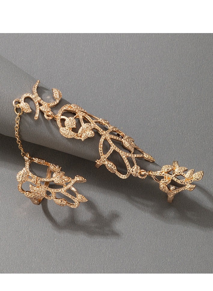 SYOSI طقم خواتم أصابع، 4 قطع خواتم أصابع كاملة على شكل ورقة، سلسلة يد من الذهب والفضة، خواتم أصابع بتصميم ورقة مع سلسلة، خواتم قابلة للتعديل للمجوهرات للفتيات المراهقات والنساء - Image 2