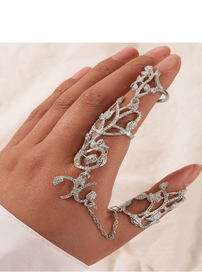 SYOSI طقم خواتم أصابع، 4 قطع خواتم أصابع كاملة على شكل ورقة، سلسلة يد من الذهب والفضة، خواتم أصابع بتصميم ورقة مع سلسلة، خواتم قابلة للتعديل للمجوهرات للفتيات المراهقات والنساء - Image 4