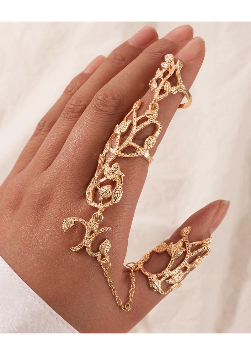 SYOSI طقم خواتم أصابع، 4 قطع خواتم أصابع كاملة على شكل ورقة، سلسلة يد من الذهب والفضة، خواتم أصابع بتصميم ورقة مع سلسلة، خواتم قابلة للتعديل للمجوهرات للفتيات المراهقات والنساء - Image 5