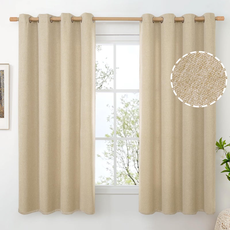 BGment Beige Linen Curtains 63 Inch Length for Bedroom, Boho Burlap Light Filtering Window Drapes with Grommet Thick Non See Through for Living Room Farmhouse, 2 Panels Set, Each 52 Inch Wide - Image 1
