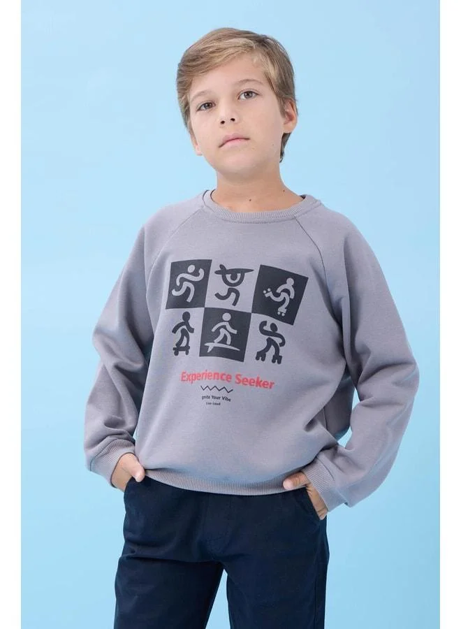 Perendi Boy's Bike Neck Seasonal Printed Sweatshirt - Gray